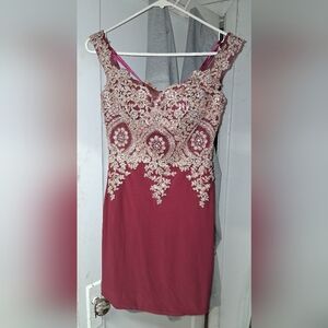 Embellished Burgundy Cocktail Dress with Gold Lace